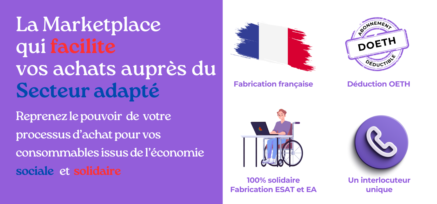 Le Marketplace impactTH facilite les achats responsables et solidaires auprès du secteur adapté. Fabrication française, déduction OETH, 100% solidaire, fabrication ESAT et EA, un interlocuteur unique.